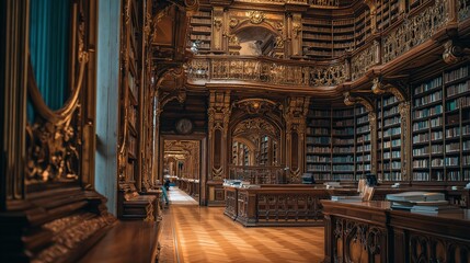 Grand Baroque Library with Ornate Wood Shelves