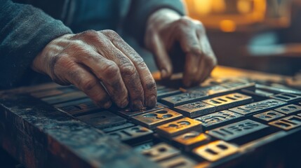 Elderly man arranging metal type pieces in workshop