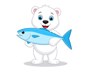 Cartoon polar bear holding a large blue fish