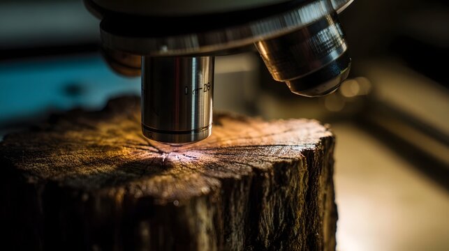 A microscope intently examines the intricate growth rings and texture of a wood sample