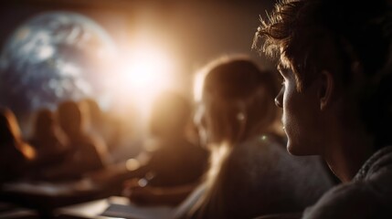 Students attentively observe a bright projection of planet Earth in a dimly lit classroom setting