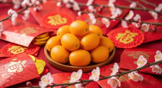 Vibrant lunar new year celebration with oranges and red envelopes