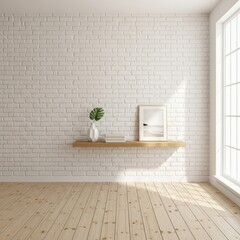 Minimalist interior design with light wood floors and modern decor on floating shelf