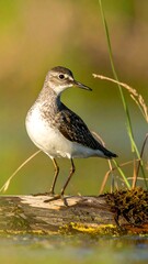 Small bird, light gray and brown, perched on log in shallow water