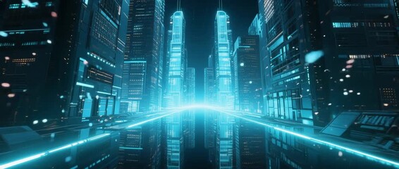 Abstract blue binary code background with a futuristic digital cityscape of skyscrapers and light representing internet data technology - Powered by Adobe