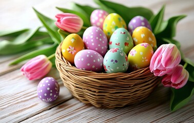 Fototapeta premium Colorful Easter Eggs in a Basket with Tulips
