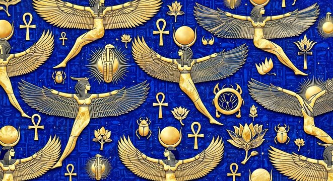 Seamless luxury Egyptian pattern with winged deities and sun disks featuring an opulent gold leaf finish