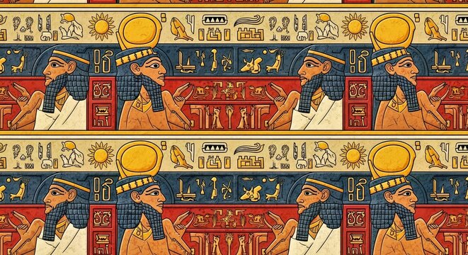 Seamless pattern of ancient Mesopotamian hieroglyphics and glyphic art showing gods kings and symbols
