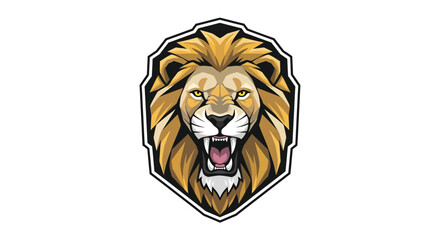 Obraz premium A majestic, golden-brown lion head with a full mane, depicted in a powerful, illustrative style, framed within a hexagonal shield on a solid black background.