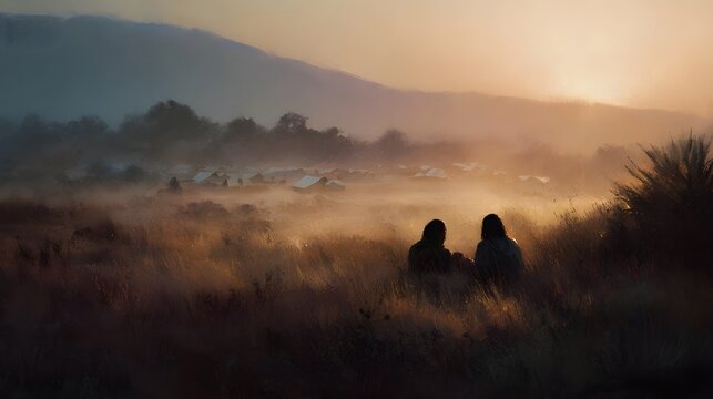 Two figures sit in tall grass observing a misty village nestled in a valley at golden hour