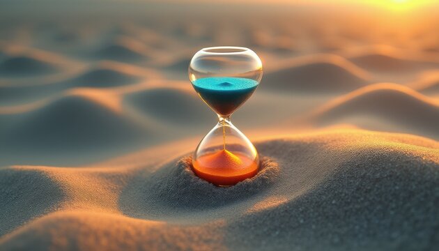 Hourglass with flowing sand in serene desert at sunset