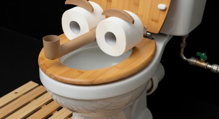 A toilet decorated with toilet paper rolls to resemble a face, with a cardboard tube as a nose and wooden accents on the seat and lid