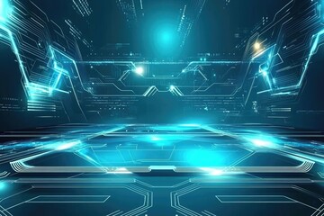 Obraz premium Futuristic technology background with glowing blue lights and digital circuit patterns creating immersive scene for tech product displays and virtual reality spaces