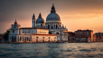 Fototapeta premium The basilica stands by the Venice canal, its basilica dome highlighted by sunset colors. Reflections on the canal water capture the basilica grandeur beneath the evening sky.