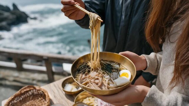 A couple shares Pyeongyang Naengmyeon at a seaside picnic, the table&rsquo;s wood weathered by salt air. A yugi brass bowl gleams, filled with slick noodles in icy broth. Sliced pork, its texture