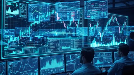 Financial data analysis on multiple computer screens - Powered by Adobe