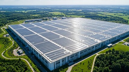 Vast data center aerial view with solar panels, symbolizing green energy future. - Powered by Adobe
