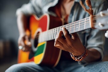 Obraz premium Close up of acoustic guitar with Brazilian flag decoration, showcasing vibrant colors and intricate details, highlighting musical artistry and cultural expression