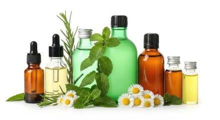 Various bottles of essential oils and herbal remedies, including amber, green, and clear glass bottles, with fresh herbs and chamomile flowers