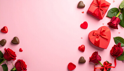 Romantic Valentine's Day composition with vibrant red roses, heart-shaped gift boxes, and chocolates on a soft pink background, perfect for expressing love and celebration
