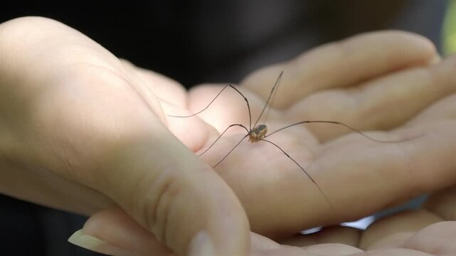 Close-up of a Gentle Daddy Long Legs Spider Crawling on a Woman's Hand