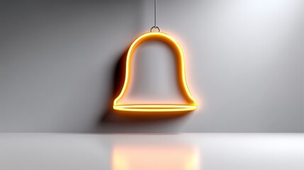 Neon bell hanging from a light fixture. The bell is orange and he is glowing. The image has a bright and cheerful mood, as the neon color of the bell creates a sense of energy and excitement