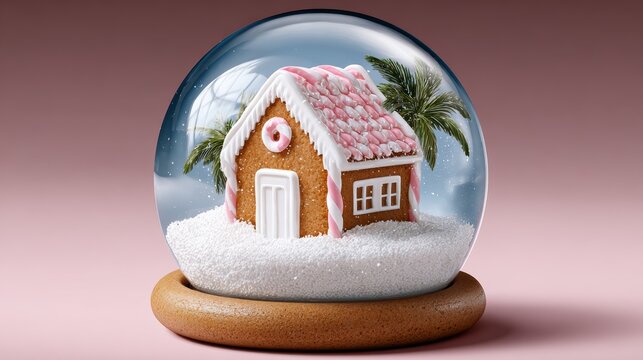Gingerbread house is inside a glass bowl. The house is decorated with icing and candy, and it is surrounded by snow. The bowl is placed on a pink background - Powered by Adobe