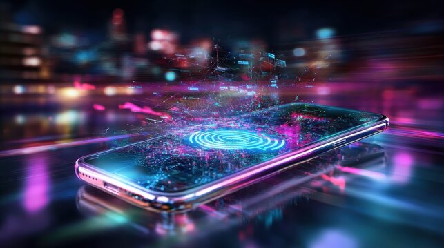 Smartphone with fingerprint scanner on reflective surface at night