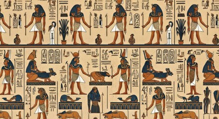 Egyptian textile pattern with seamless repeating designs of hieroglyphic style pharaohs and sacred animals