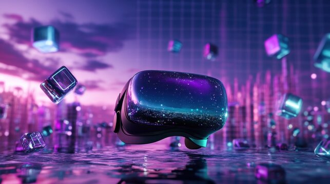 VR headset amidst glowing cubes in futuristic cityscape at twilight
