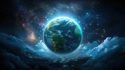 Fototapeta premium Planet Earth viewed from space with mystical light streaks