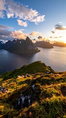 Majestic fjord at sunset, with rugged mountains