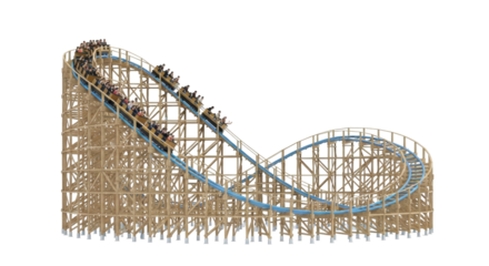 Isolated wooden roller coaster with two ride cars ascending the first hill on a clear day