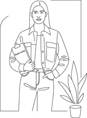 Confident business woman holding project folder, modern line art illustration representing leadership, project management, teamwork, office success, and professional confidence
