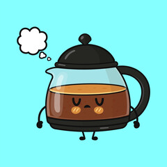 Sad coffee pot character thinking with thought bubble