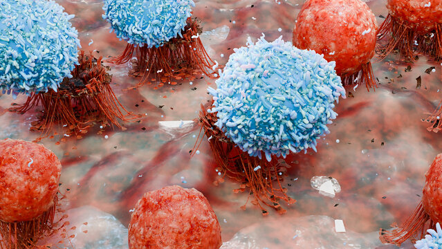 body immune response viral infection, lymphocytes, Cancer Immunotherapy, T cell and B-cell immune system fighting viruses, flagella, Dendritic or cancer tumor cells, Bacteria, 3d render