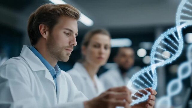 Scientists working in futuristic biotechnology environment with glowing DNA sequencing holograms projected above sleek lab equipment, representing molecular science, healthcare transformation, and