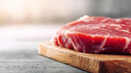 Blurred neutral background with soft warm tones, fresh raw beef steak on wooden board, highlighting marbling texture, minimal composition with copy space.