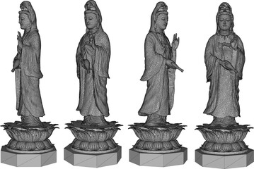 Vector sketch illustration silhouette design of the statue of the most famous and highly revered Bodhisattva goddess Kwan Im in Mahayana Buddhism standing on a lotus