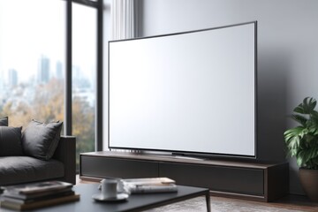 Fototapeta premium Elegant living room setup with a large flat screen TV, dark wood console, and a green plant