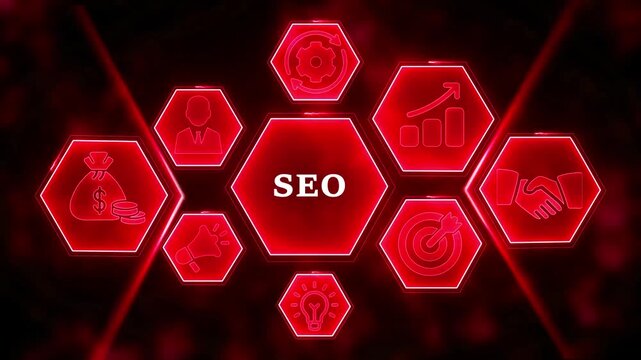 Red hexagonal infographic with SEO in the center surrounded by icons for business growth and marketing