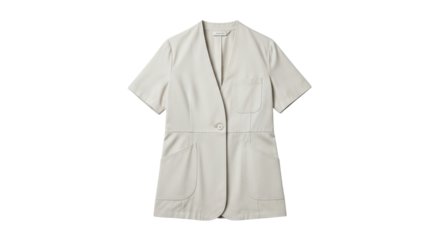 Isolated taupe collared short sleeved shirt with button front, hip pockets and chest pocket