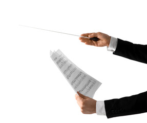 Hands of male conductor with baton and note sheet on white background