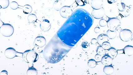 Blue and Transparent Capsule Pill Surrounded by Floating Molecular Structures, Pharmaceutical and Biotechnology, Medicine and Chemistry Concept for Healthcare, Science, Drug Development, 3d render
