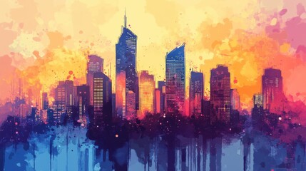 Obraz premium Vibrant sunset over city skyline with varied height buildings