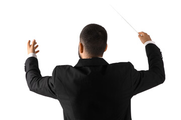 Male conductor with baton on white background, back view