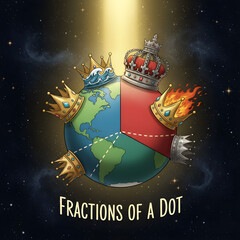 cartoon illustration of king's crowns on pie chart earth globe in space with golden sunshine sunbeam text fractions of a dot, tribute to carl sagan on his earth as a dot of dust in a ray of light