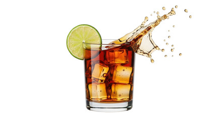Isolated refreshing cocktail glass with ice cubes, lime wedge, and splash creating a dynamic scene