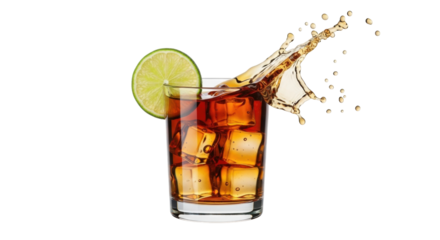 Isolated refreshing cocktail glass with ice cubes, lime wedge, and splash creating a dynamic scene