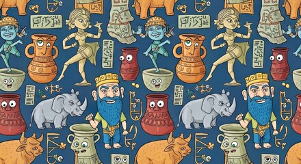 Seamless pattern in high resolution with playful caricatures of Indus Valley artifacts and script motifs